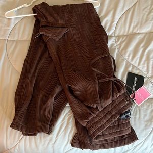 Chocolate Brown Textured Pocket Detail Wide Leg Trousers